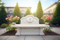 stone garden bench with rose bushes Royalty Free Stock Photo