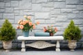 stone garden bench with rose bushes Royalty Free Stock Photo