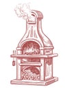 Stone garden oven for grilling or barbecuing. Open summer kitchen. Vintage sketch vector illustration