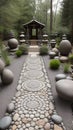 A stone garden with a stone path made of ancient spiritual sculptures and round stones. An inner courtyard Royalty Free Stock Photo