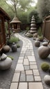 A stone garden with a stone path made of ancient spiritual sculptures and round stones. A stone pyramid Royalty Free Stock Photo