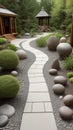 A stone garden with a stone path made of ancient spiritual sculptures and round stones. Totem sculptures.