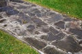 A stone garden path made of cobblestones of various shapes paved into a wet path. Royalty Free Stock Photo