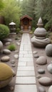 A stone garden with a stone path, round stones and a stone pyramid. An inner courtyard with a stone path and a gazebo.