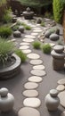 A stone garden with a stone path made of ancient spiritual sculptures and smooth stones. Totem sculptures Royalty Free Stock Photo
