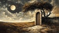 Stone Gate Under a Full Moon: A Mystical Landscape Royalty Free Stock Photo