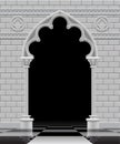Stone gothic arch and wall in black and white colors on the glossy chess floor Royalty Free Stock Photo