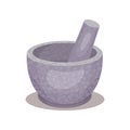 Stone or granite pestle and mortar. Tool for mixing herbs and oils. Items used in magic ritual. Divination theme. Flat Royalty Free Stock Photo