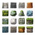 Stone and grass blocks texture set isolated. Royalty Free Stock Photo