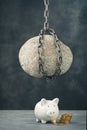 Stone hanging above piggy bank Royalty Free Stock Photo