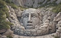 Stone head embedded in the rocks of a mountain