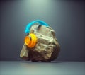 Stone with headphones on. Music taste concept