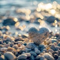 Stone Heart on Pebble Beach, Shining Ocean Water, Rocky Shore Love Symbole, Summer Pebble Heart Royalty Free Stock Photo