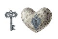 Stone heart with vintage style metal key and keyhole set. Watercolor illustration. Hand drawn stone heart with retro