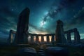 stone henge mock building against the backdrop of night and space. Neural network AI generated