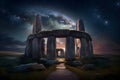 stone henge mock building against the backdrop of night and space. Neural network AI generated