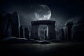 stone henge mock building against the backdrop of night and space. Neural network AI generated