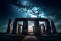 stone henge mock building against the backdrop of night and space. Neural network AI generated