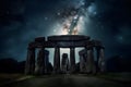 stone henge mock building against the backdrop of night and space. Neural network AI generated