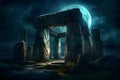 stone henge mock building against the backdrop of night and space. Neural network AI generated