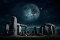 stone henge mock building against the backdrop of night and space. Neural network AI generated