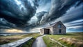 Stone house on a coastal path under a dramatic sky. Generative AI Royalty Free Stock Photo