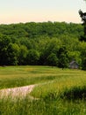 Stone house in the distance in a grassy meadow Royalty Free Stock Photo