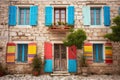 stone house facade with colorful window shutters Royalty Free Stock Photo