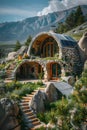 Stone house perched on mountain with staircase, surrounded by natural landscape Royalty Free Stock Photo