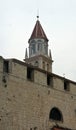 Stone house in the street of old town, beautiful architecture, Tower of the Church, Trogir, Dalmatia, Croatia