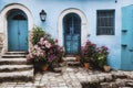 Stone houses along narrow steps in an Old European town, artistic illustration Royalty Free Stock Photo