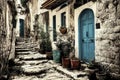 Stone houses along narrow steps in an Old European town, artistic illustration Royalty Free Stock Photo