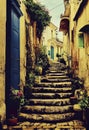 Stone houses along narrow steps in an Old European town, artistic illustration Royalty Free Stock Photo