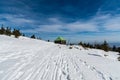 Stone hut on Jeleni studanka in winter Jeseniky mountains in Czech republic Royalty Free Stock Photo