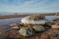 Stone with an ice belt by the sea Royalty Free Stock Photo