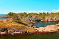 Stone islands overgrown with coniferous forest on Lake Ladoga, nature of the Republic of Karelia Royalty Free Stock Photo