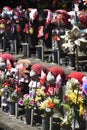 Stone Jizo statues, patrons of unborn children, at Zozo-ji Temple in Japan