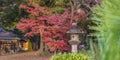 Stone Kasuga lantern under a red maple momiji in the garden of Rikugien in Tokyo in autumn