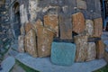 Stone khachkars near Sevanavank Monastery at Sevan Lake in Armenia Royalty Free Stock Photo