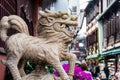 Stone Kylin Qilin statue in chenghuang temple shanghai, China. A mythical hooved chimerical creature known in Chinese and other