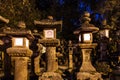 Lighted stone lanterns at night in Kasuga Taisha shrine in Nara, Japan. UNESCO World Heritage Site