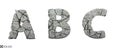 Stone letters A, B, C. 3d render. Rock alphabet. Path save.