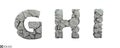 Stone letters G, H, I, 3d render. Rock alphabet. Path save.