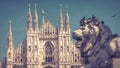 The stone lion on Cathedral Square in Milan, Italy Royalty Free Stock Photo