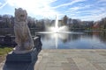 Stone lion in front of water fountain Royalty Free Stock Photo