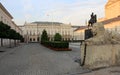 Stone Lion guarding Presidential Palace, view at sunset, Warsaw, Poland Royalty Free Stock Photo