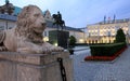 Stone Lion guarding Presidential Palace, view in the evening illumination, Warsaw, Poland Royalty Free Stock Photo