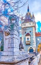 The stone lion on the Lion`s Bridge at Vajdahunyad Castle, Budapest, Hungary Royalty Free Stock Photo