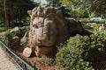 Stone lion monument in Ifrane is a cult landmark in mid Atlas, Morroco