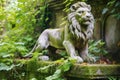 stone lion statue amidst overgrown roman ruins Royalty Free Stock Photo
